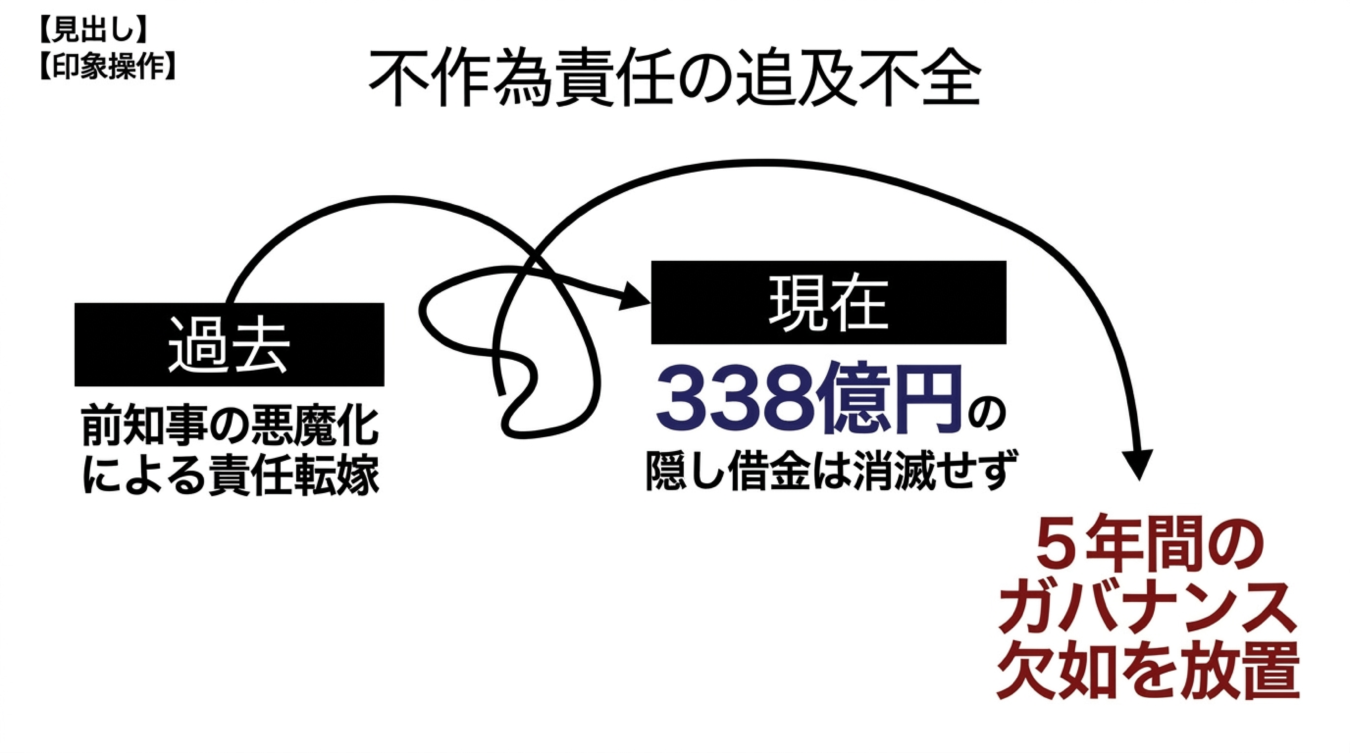 不作為責任の追及不全に関する図解で、過去の前知事の悪魔化と現在の338億円の隠し借金残存、5年間のガバナンス欠如の放置を示している。