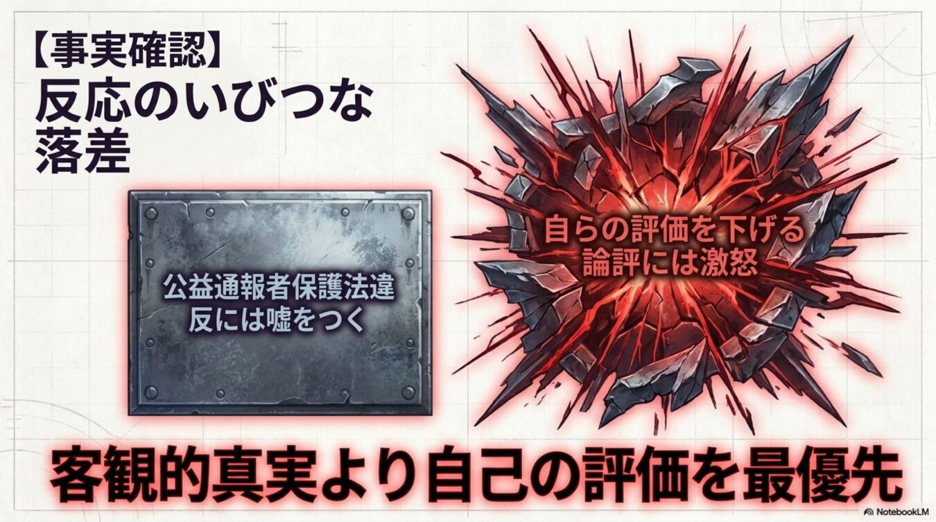 公益通報者保護法違反や自己評価を巡る対照的な反応を、事実確認として図解した啓発画像。客観的真実よりも自己評価を優先する歪んだ姿勢を批判的に指摘している。(58文字)