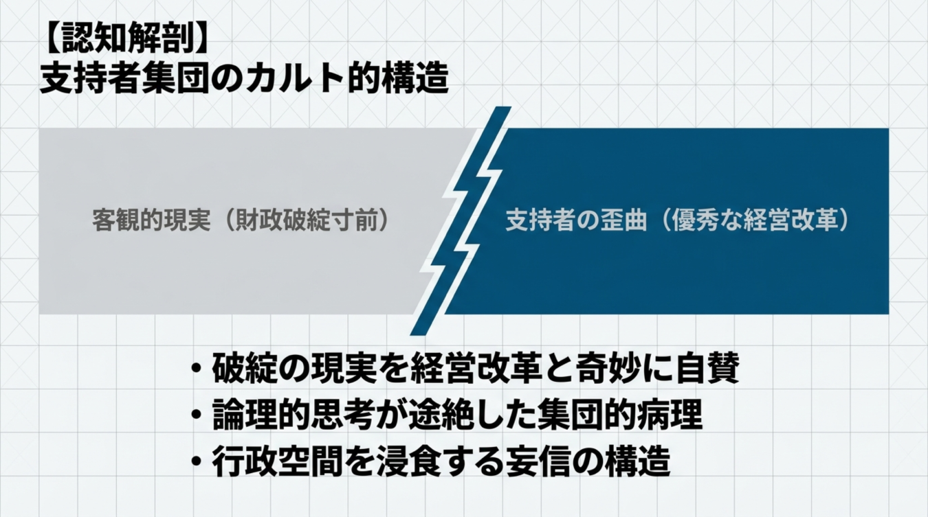 客観的現実と支持者の歪みを比較し認知の構造を解説する図解スライド