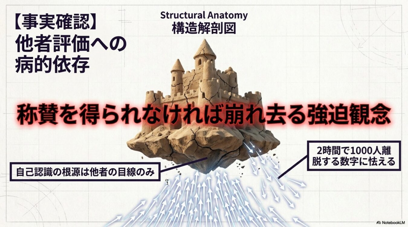 他者からの評価に依存し、称賛を失うと崩壊する脆い自己像を、砂の城の構造解剖図を用いて視覚的に表現した図解。