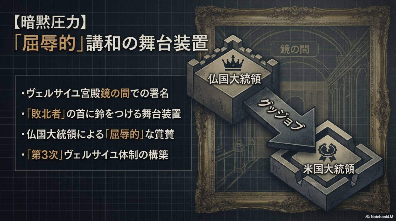 ヴェルサイユ宮殿鏡の間で行われた講和を屈辱的な舞台装置と表現し、仏国大統領による米国大統領への圧力と体制構築を解説する図。