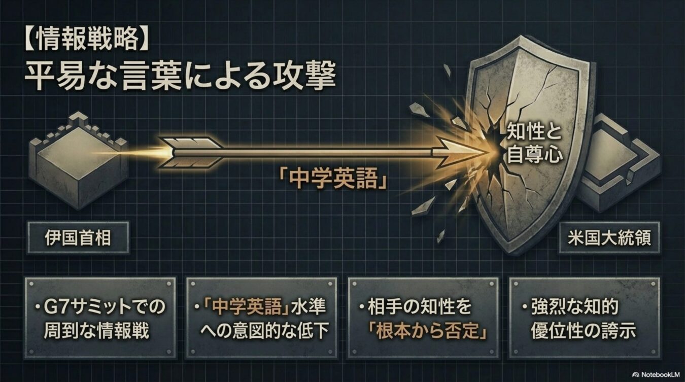 中学英語という平易な言葉を用い、米大統領の知性と自尊心を攻撃する伊国首相の情報戦略。G7サミットにおける相手の知性を根本から否定し、自らの知的優位を誇示する意図的な戦術を図解。