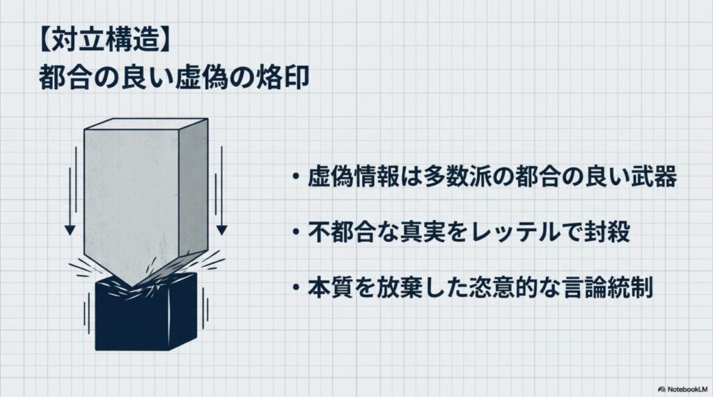 対立構造における虚偽の烙印の概念図。虚偽情報が多数派の武器として利用され、不都合な真実が言論統制される過程を説明している。