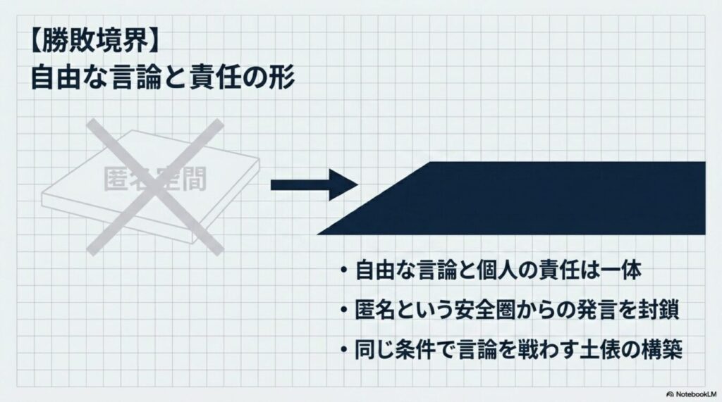 匿名空間の否定から、自由な言論と責任を一体とし、同じ条件で言論を戦わせる土俵の構築への移行を示す図。