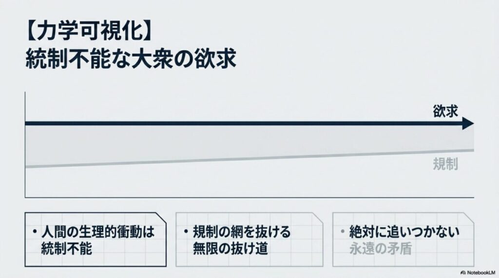 統制不能な大衆の欲求とそれに対する規制の力学を示した図。欲求の増大に規制が追いつかず、無限の抜け道が生まれる永遠の矛盾を視覚化している。