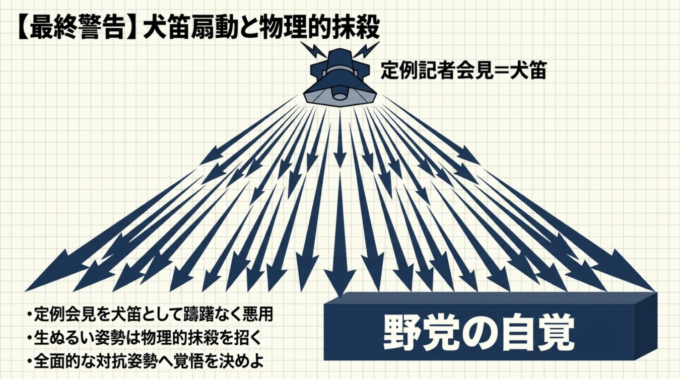 定例記者会見を犬笛に例えて野党の姿勢を批判するイラスト