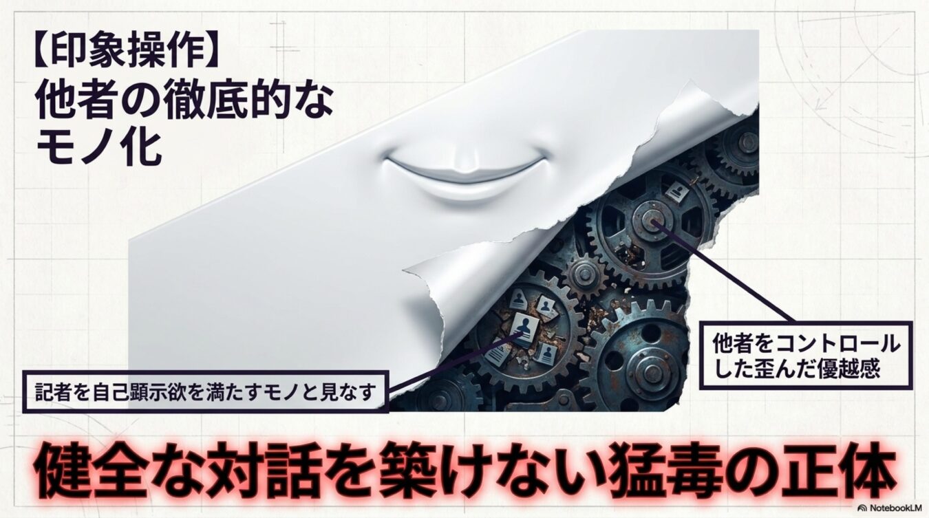 笑顔の皮を被った内部の歯車が他者をモノとして操作する図解。印象操作による他者のモノ化と健全な対話を阻害する歪んだ優越感の関係性を示している。
