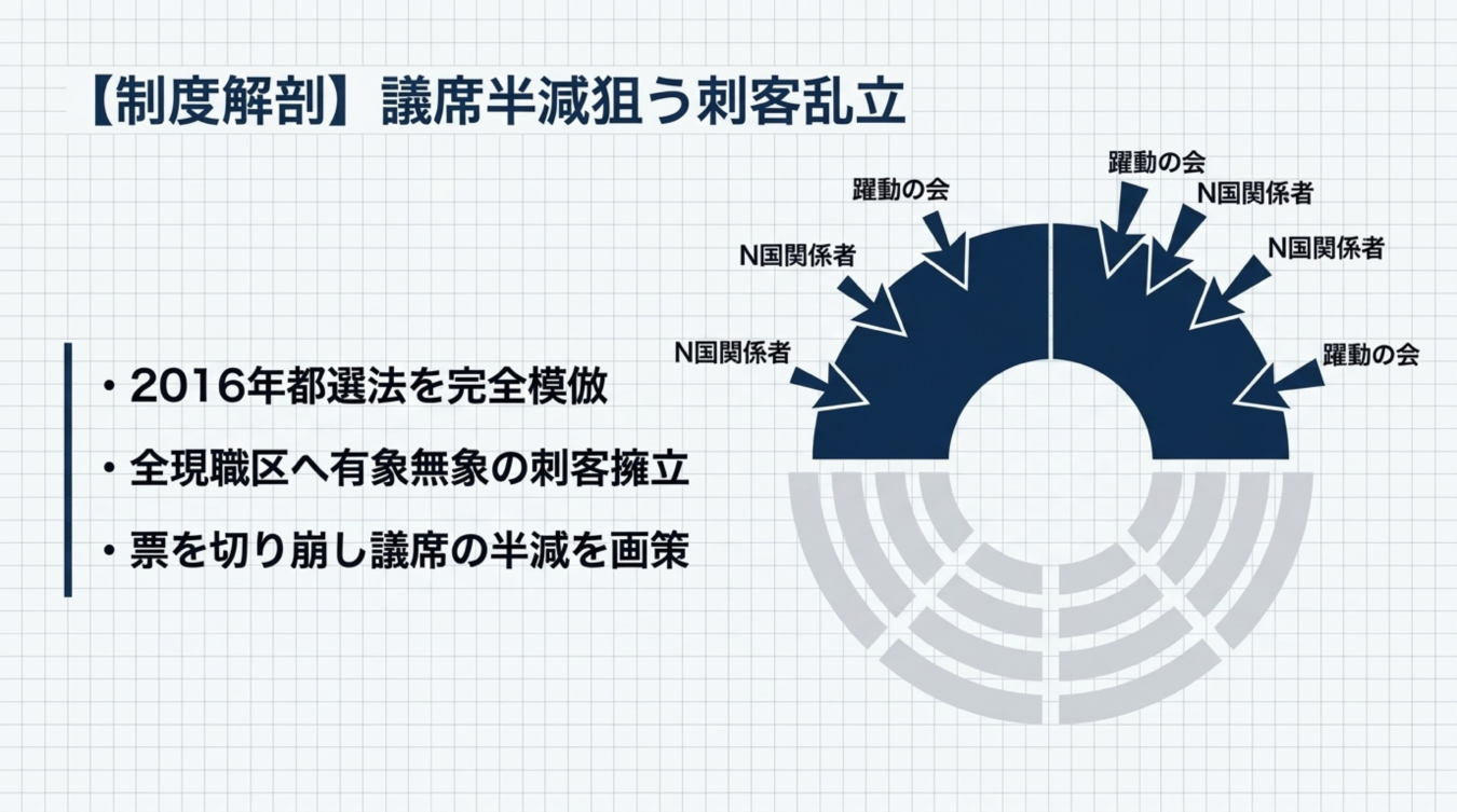 制度解説の図解。議席半減を狙う刺客乱立の仕組みを示す円グラフ風の図と3箇条書きのテキスト。