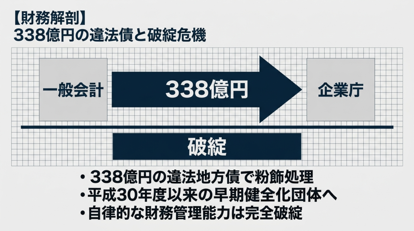 一般会計から企業庁へ338億円が移動し破綻を示す図解と3項目の課題を示すテキスト