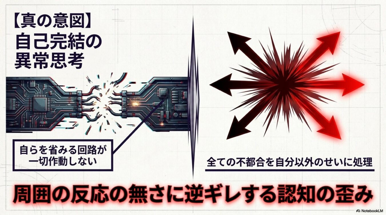 自己反省の回路が断絶し、不都合をすべて他責にして周囲に逆ギレする自己完結の異常思考と認知の歪みを示す図解。