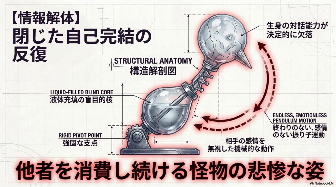 感情のない機械的な振り子運動を繰り返す構造体を描いた解剖図。対話能力が欠落し、他者を消費し続ける怪物の悲惨な姿を比喩的に表現している。