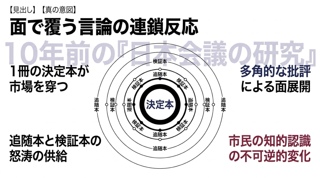 1冊の決定本を中心に追随本や検証本が広がる言論の連鎖反応と市場への影響を示す図解