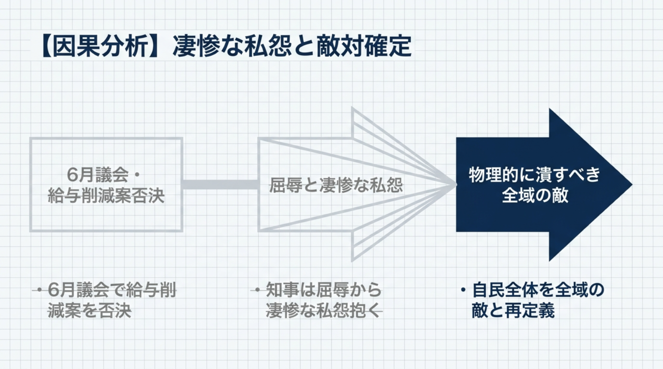 6月議会の給与削減案否決が知事の私怨を生み、自民党全体を敵と再定義するまでの因果関係を示す図解