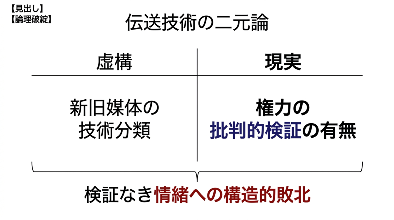 伝送技術の二元論を虚構と現実に分け、技術分類と検証の有無を図解した概念図