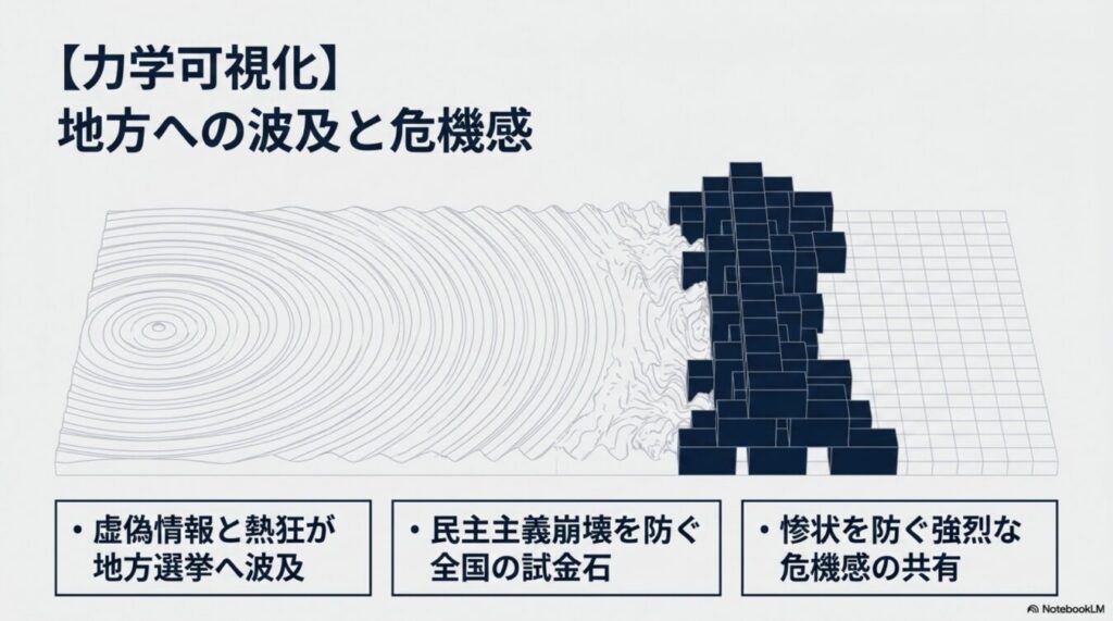 虚偽情報と熱狂が地方へ波及する様子を可視化した図。民主主義崩壊を防ぐ試金石として、危機感の共有を促す力学が示されている。