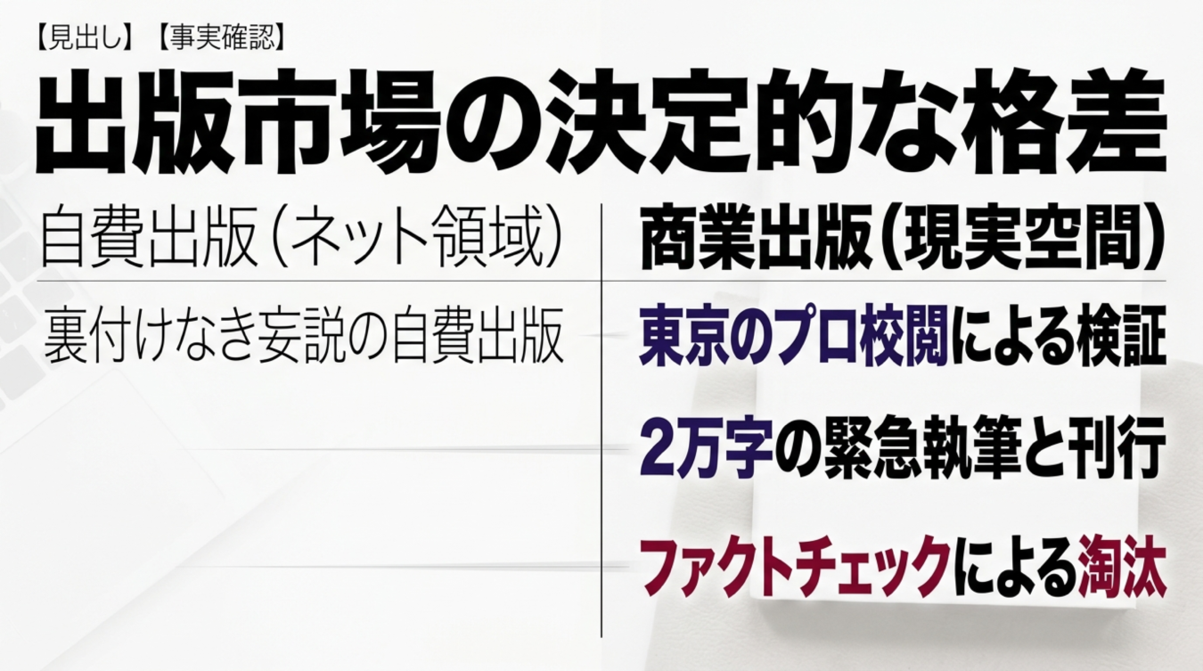 出版市場の格差を自費出版と商業出版で比較する表を示したスライド画像