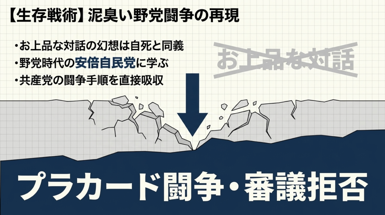 プラカード闘争や審議拒否などの野党の生存戦術を解説するスライド画像