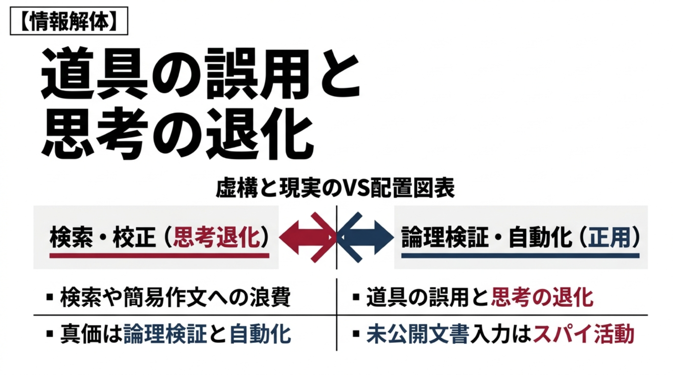 道具の誤用と思考の退化をテーマに、検索や校正と論理検証や自動化の対比を示す図表