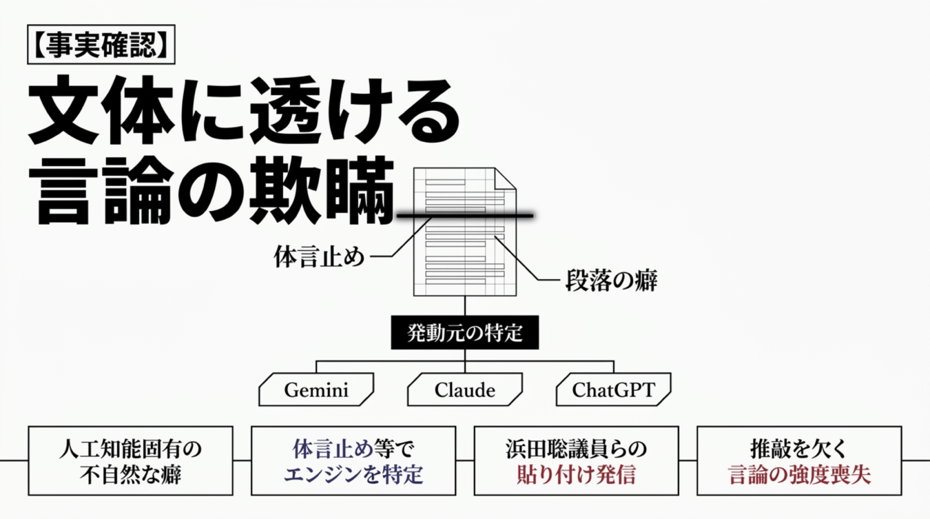 AIによる文章生成の癖や体言止めを分析し、浜田聡議員らの発信における発動元を特定する図解