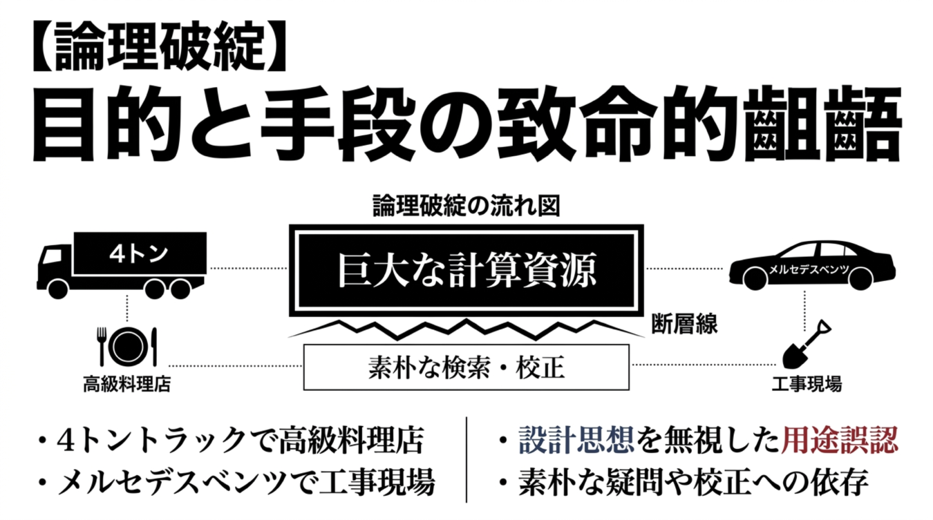 目的と手段の致命的齟齬を示す論理破綻の流れ図と比喩の解説文