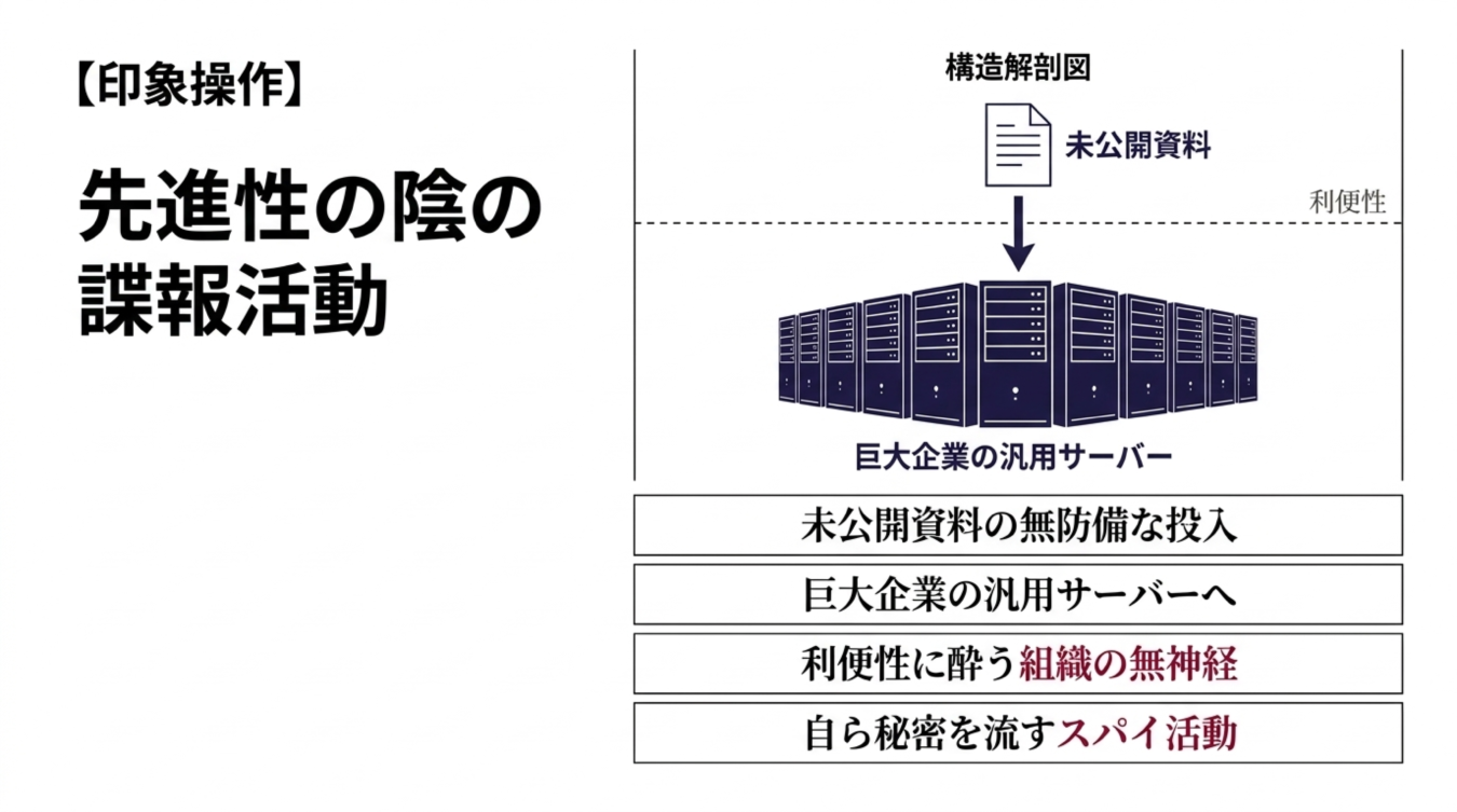 先進性の陰の諜報活動と題し未公開資料が汎用サーバーへ投入される構造を示す図解
