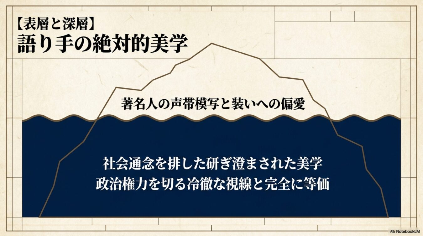 【表層と深層】語り手の絶対的美学をテーマにした氷山モデルの図解。水面上の著名人の声帯模写と装いへの偏愛と水面下の社会通念を排した研ぎ澄まされた美学を示している。