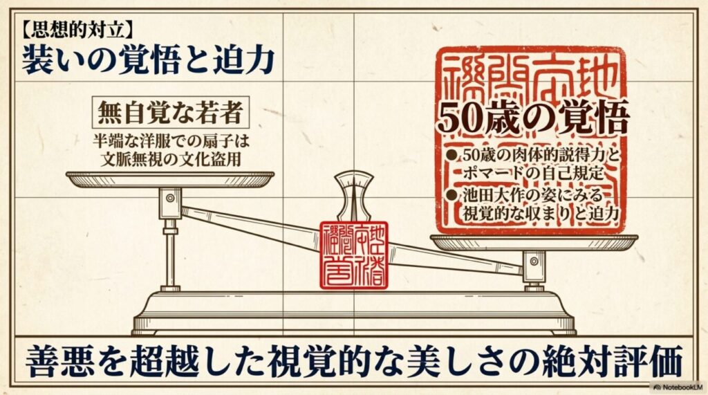 装いの覚悟と迫力をテーマに、無自覚な若者と50歳の覚悟を天秤で比較し、視覚的な美しさの絶対評価を表す。