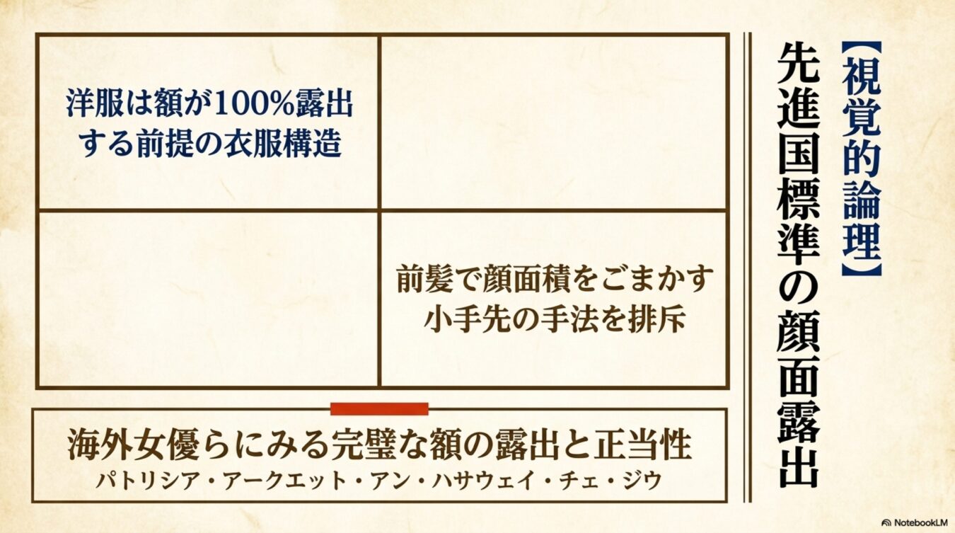 先進国標準の顔面露出における額露出の正当性を、衣服構造や海外女優の事例とともに解説する図。