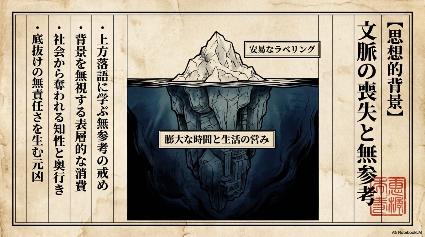 氷山モデルを用い、水面の安易なラベリングに対し水面下の膨大な時間と生活の営みの重要性を説き、文脈を軽視する現代社会の消費行動を批判的に考察する図解。