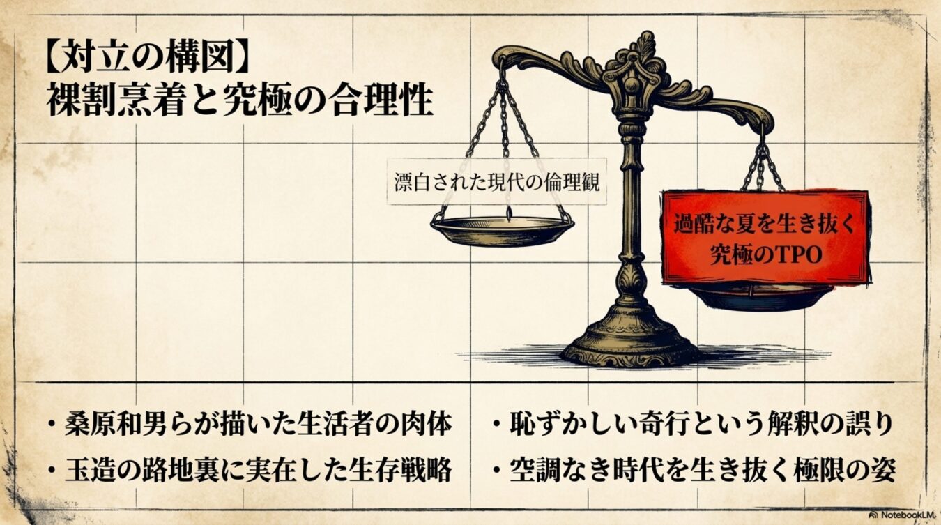 漂白された現代の倫理観と過酷な夏を生き抜く究極のTPOという対立軸を天秤で表現し、裸割烹着という生存戦略の歴史的背景と現代における解釈の誤りを解説した図。