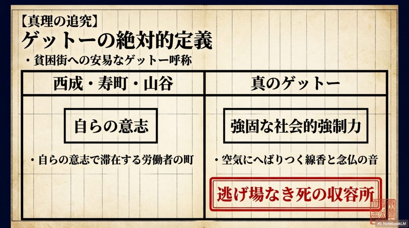 自らの意志で滞在する労働者の町と、強固な社会的強制力による逃げ場なき死の収容所としての真のゲットーを対比させた図解。