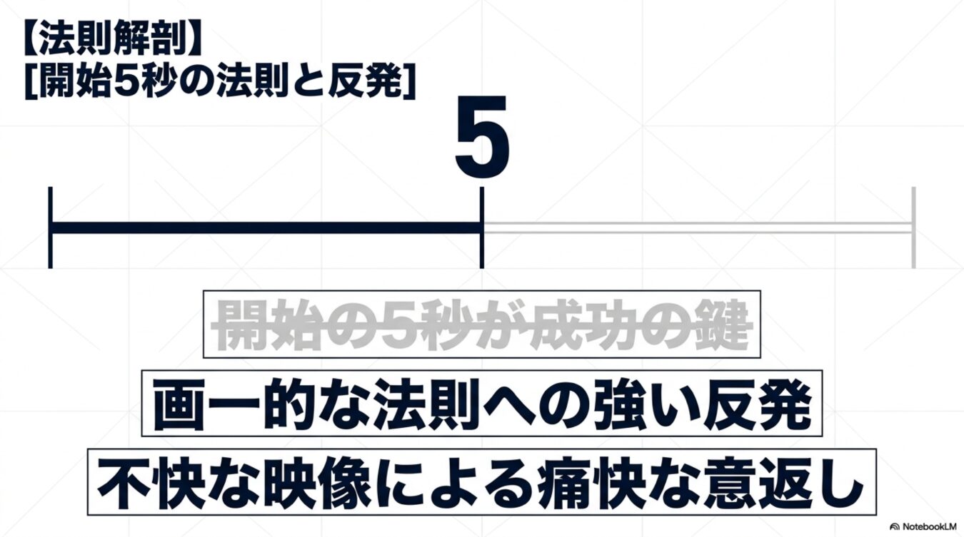 開始5秒の法則と反発をテーマに、画一的な法則への強い反発と不快な映像による意返しを解説する図解。