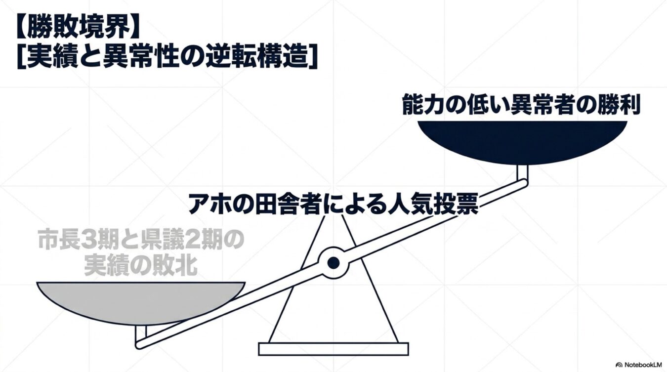 実績と異常性の逆転構造を示す図。人気投票により実績ある者が敗北し、能力の低い異常者が勝利する構造を天秤で表現。