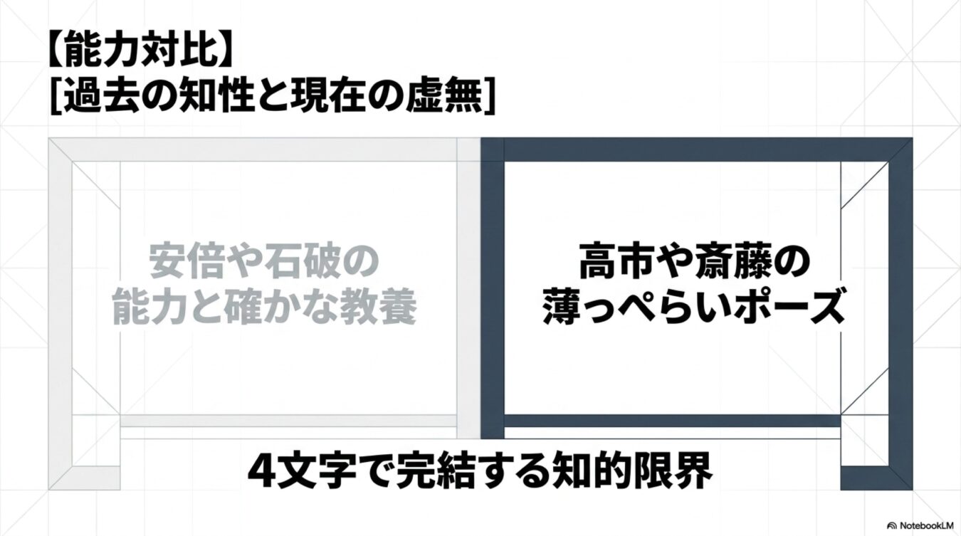 安倍や石破の確かな教養と、高市や斎藤の薄っぺらいポーズを比較し知的限界を批判する図。