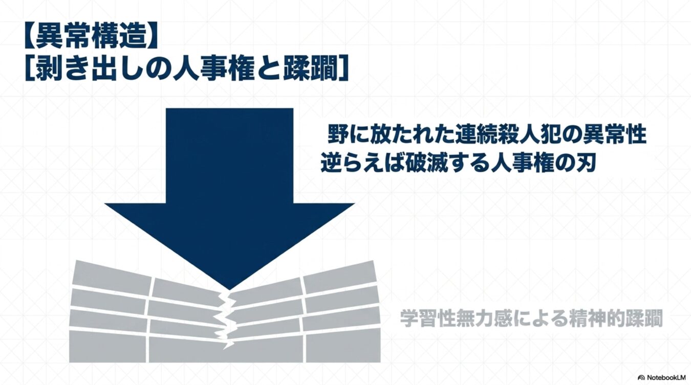 剥き出しの人事権と蹂躙を題に、強大な人事権の圧力が精神を破壊し学習性無力感をもたらす異常構造を示す図。
