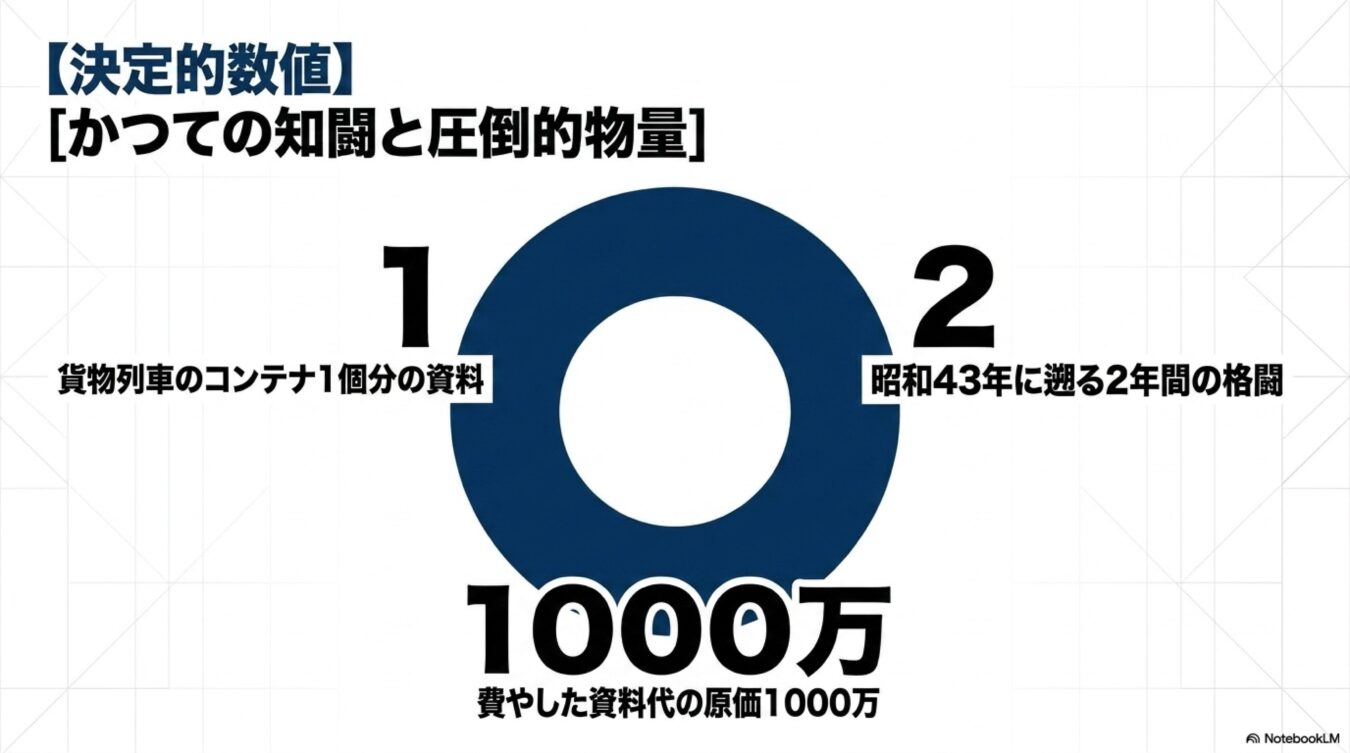 知闘と物量を示す、貨物列車コンテナ1個分の資料、2年間の格闘、資料代1000万という3つの決定的数値。