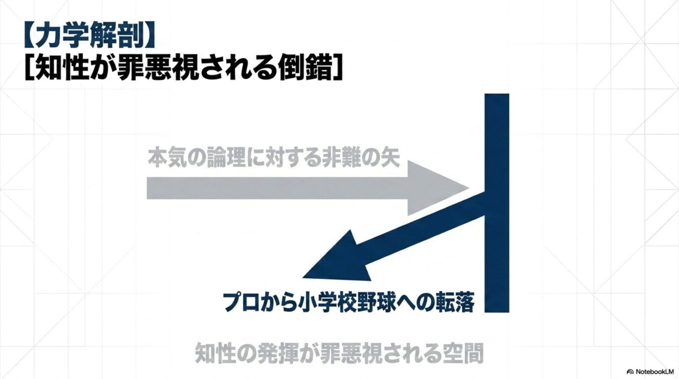 知性が罪悪視される倒錯として、本気の論理への非難がプロから小学校野球への転落を生む力学の説明。