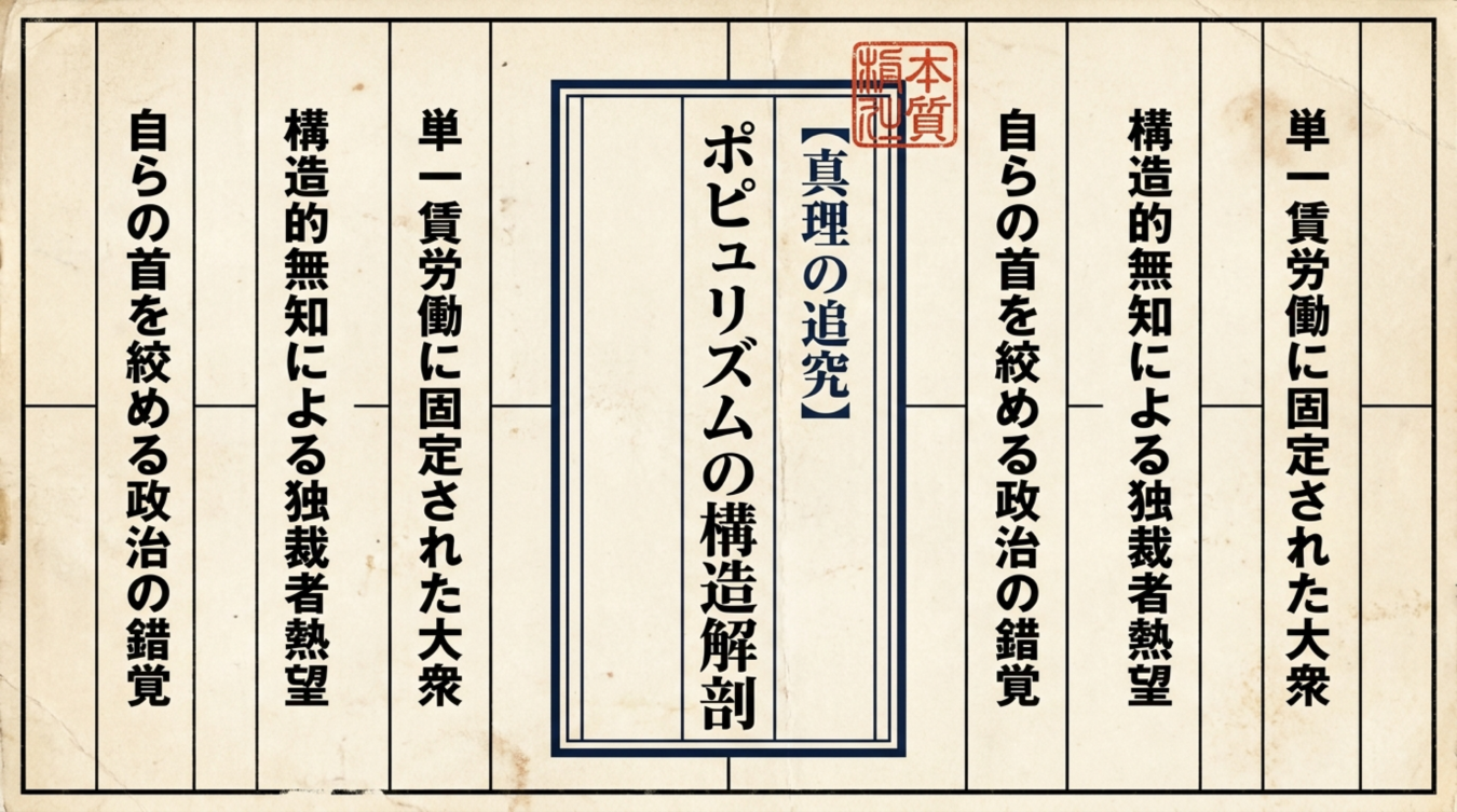 真理の追求 ポピュリズムの構造解剖と政治的錯誤をテーマにした書体風の図解画像