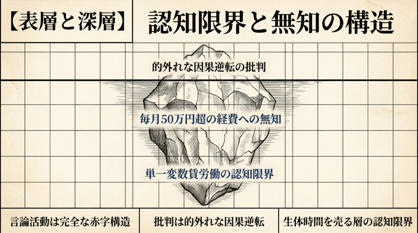 言論活動の赤字構造と認知限界を示す氷山モデルを図解したインフォグラフィック