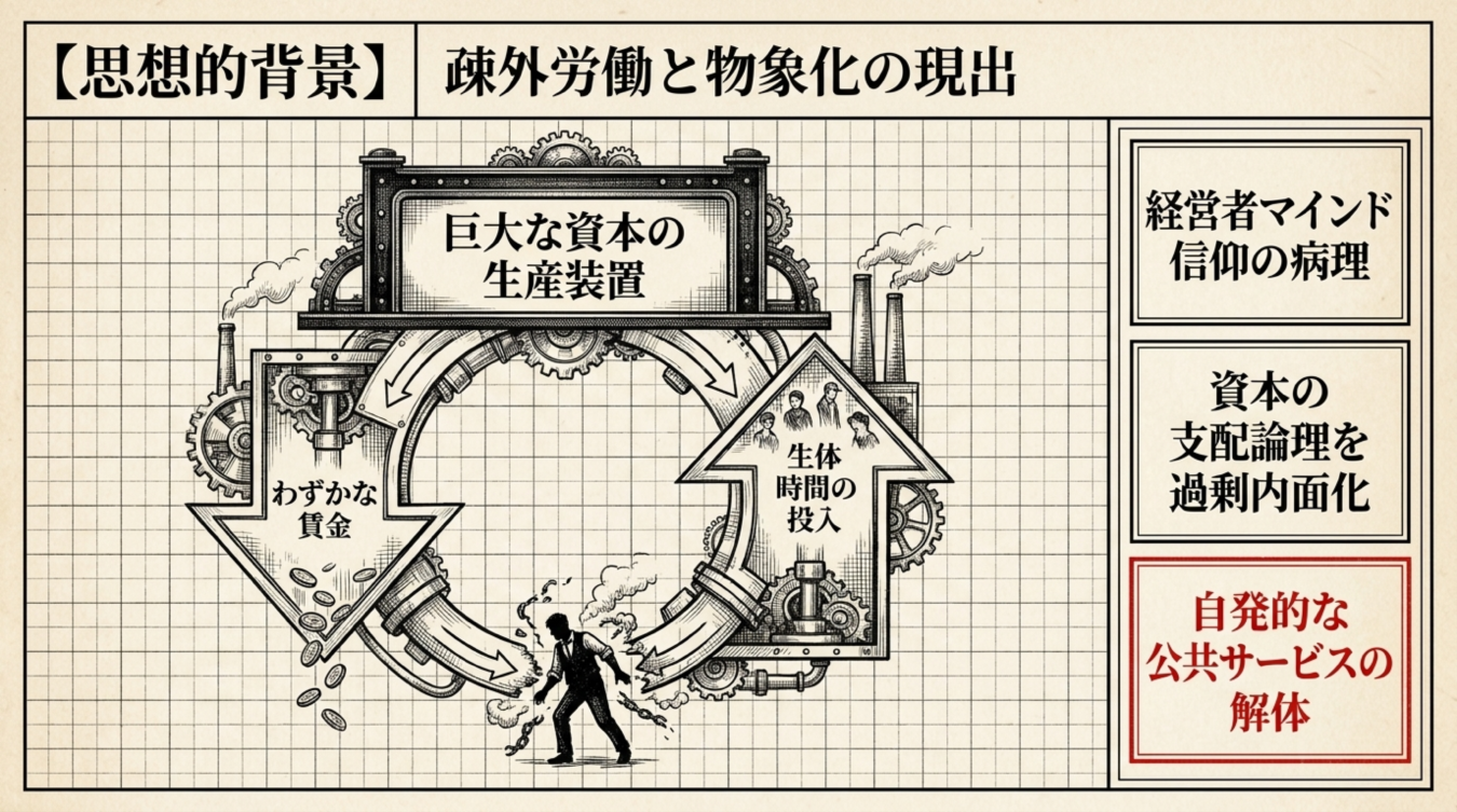 巨大な資本の生産装置と労働の循環構造を示した図解