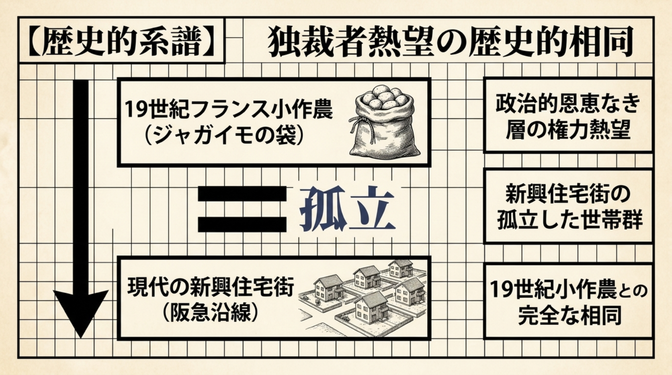 19世紀フランスの小作農と現代の阪急沿線の新興住宅街における孤立と独裁者熱望の歴史的類似性を示す図解