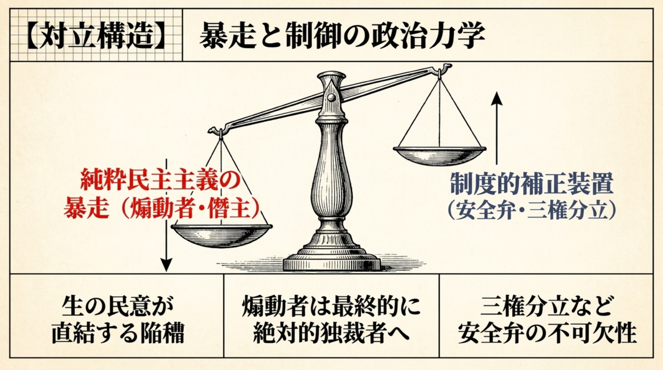 純粋民主主義の暴走と制度的補正装置である三権分立の対立構造を示す天秤のイラスト