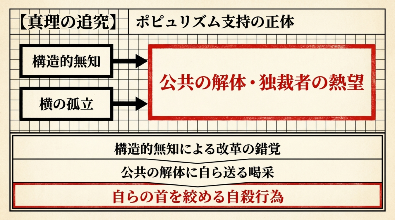 構造的無知と横の孤立が公共の解体や独裁者の熱望を招く構造を示した図解