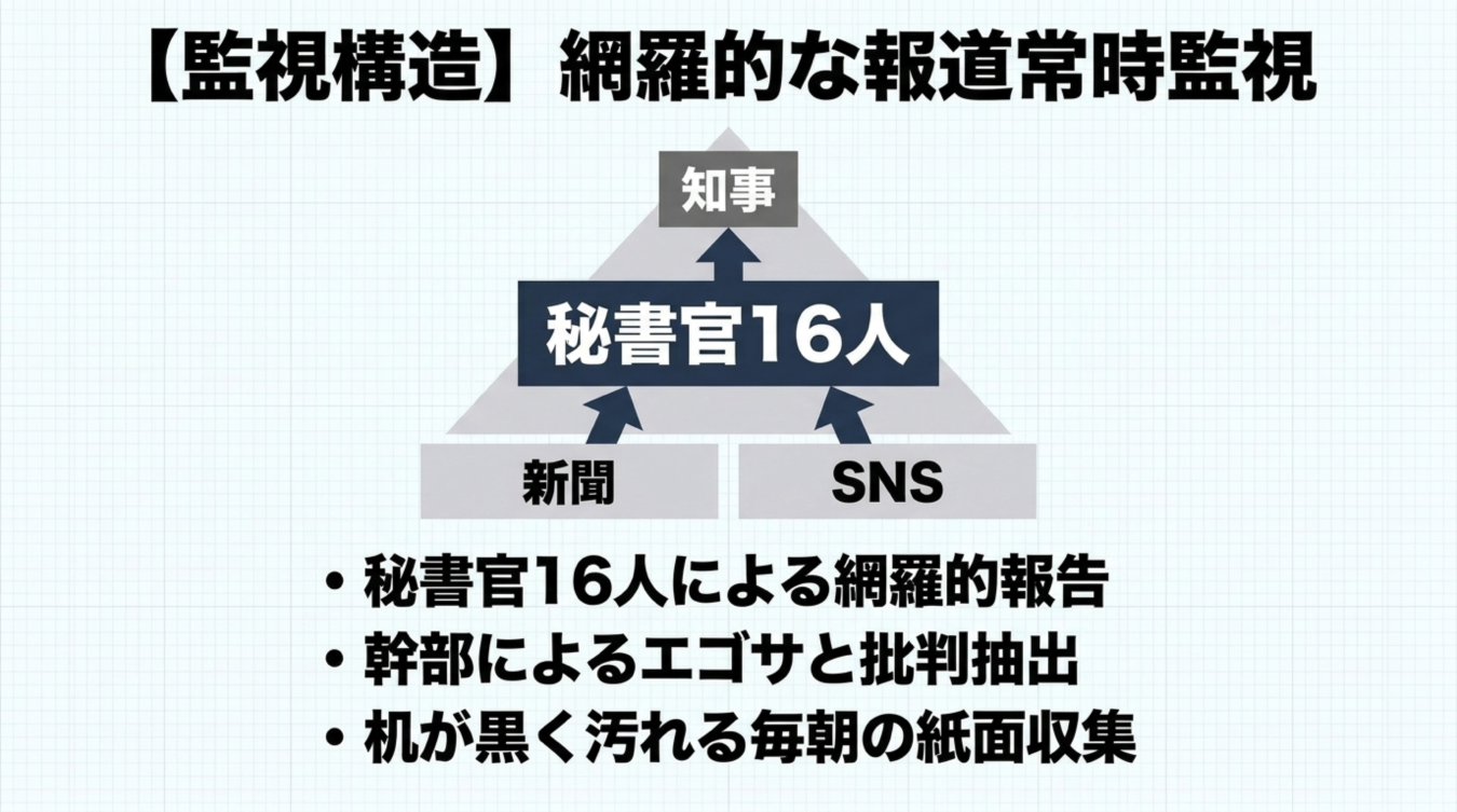 知事を頂点に新聞やSNSを16人の秘書官が監視する体制を示す図解