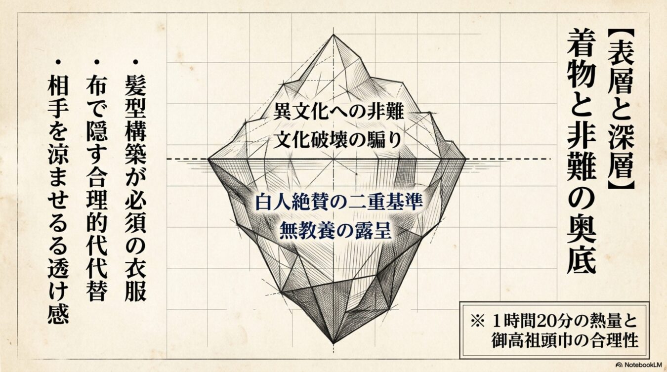 着物に関する批判と合理性を表す氷山の図解。表面的な非難と水面下の合理的背景を対比している。