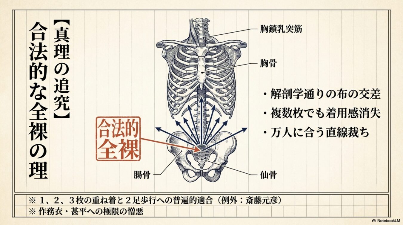 胸郭や骨盤の解剖図を背景に、合法的全裸をテーマにした特徴的な衣服の設計やコンセプトをユーモラスに解説した図解。