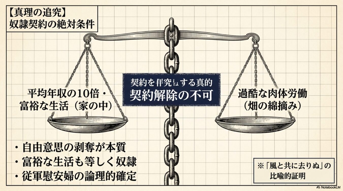 【真理の追究】奴隷契約の絶対条件として、富裕な生活と過酷な肉体労働を天秤にかけ、契約解除不可と自由意志の剥奪の本質を示す図解。
