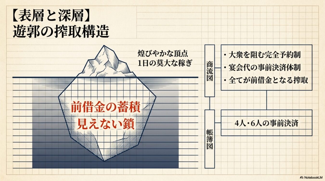 遊郭の搾取構造を氷山にたとえた図解。表層の煌びやかな利益と、深層にある前借金の蓄積という見えない鎖の関係を示している。