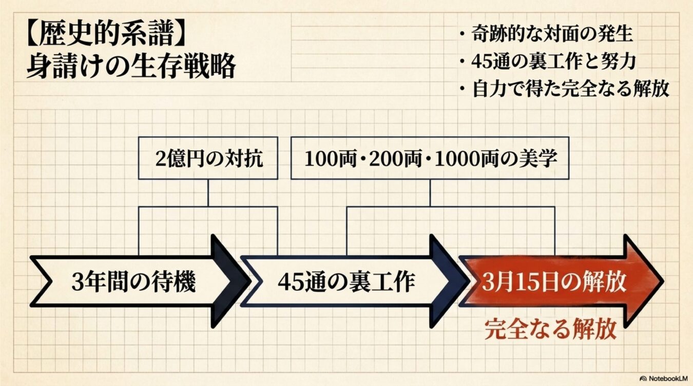 身請けの生存戦略の歴史的系譜を示す図。3年間の待機、45通の裏工作、3月15日の完全なる解放までの流れを解説している。