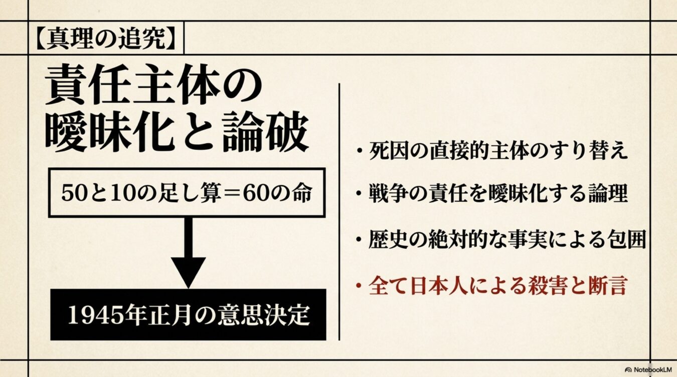 責任主体の曖昧化と論破をテーマに、死因のすり替えや戦争責任の議論、1945年正月の意思決定に関する論点を図解したスライド。